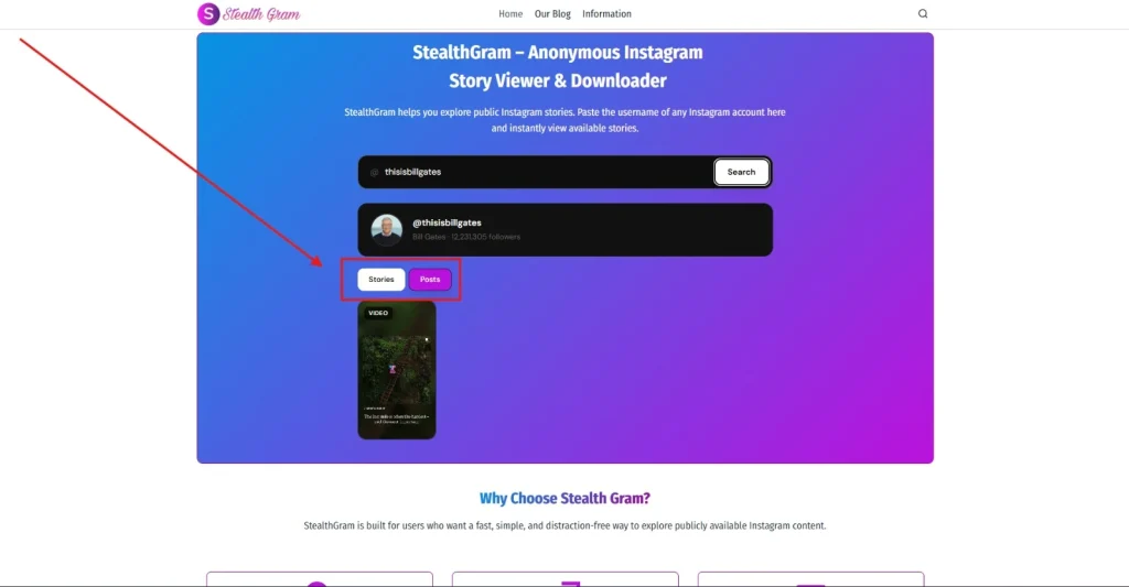 Pick a category - A screenshot dedicated to tell the category features of StealthGram by NogenTech