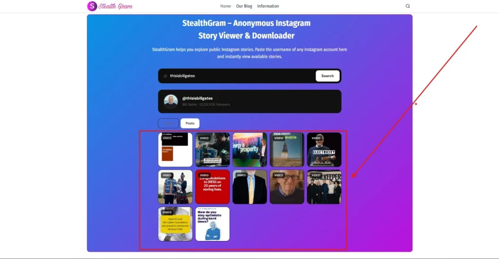 Start browsing - A screenshot with Instagram content on StealthGram website by NogenTech.