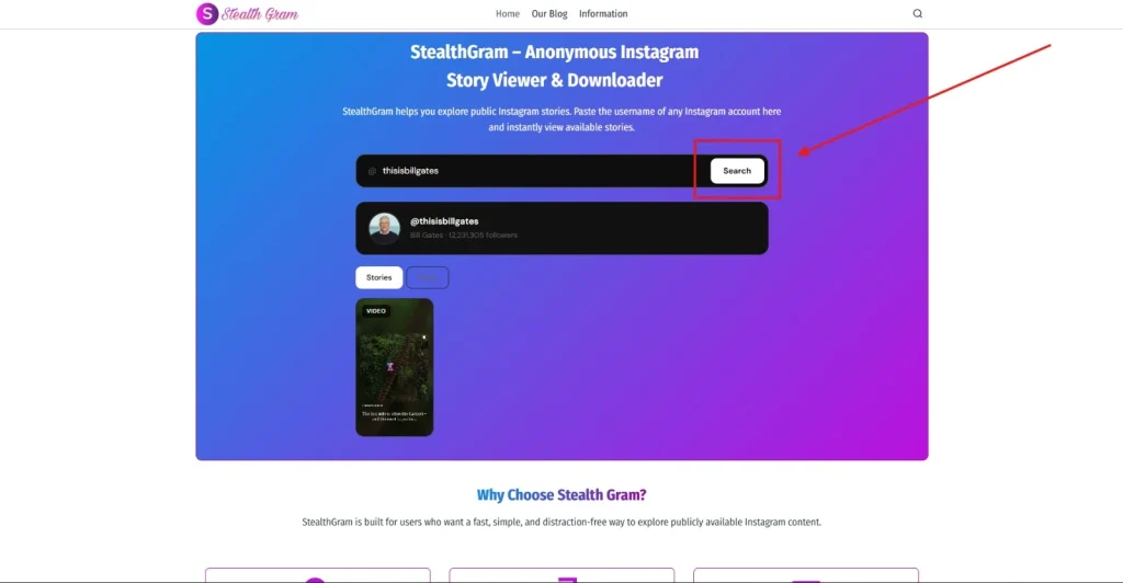 Click on the search button - Screenshot with an indicator to the Search button by NogenTech