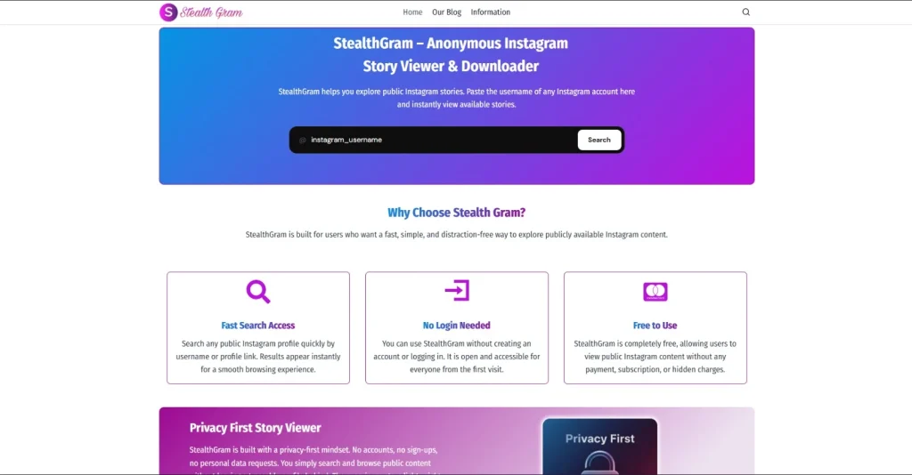 Screenshot of StealthGram home screen by NogenTech.org