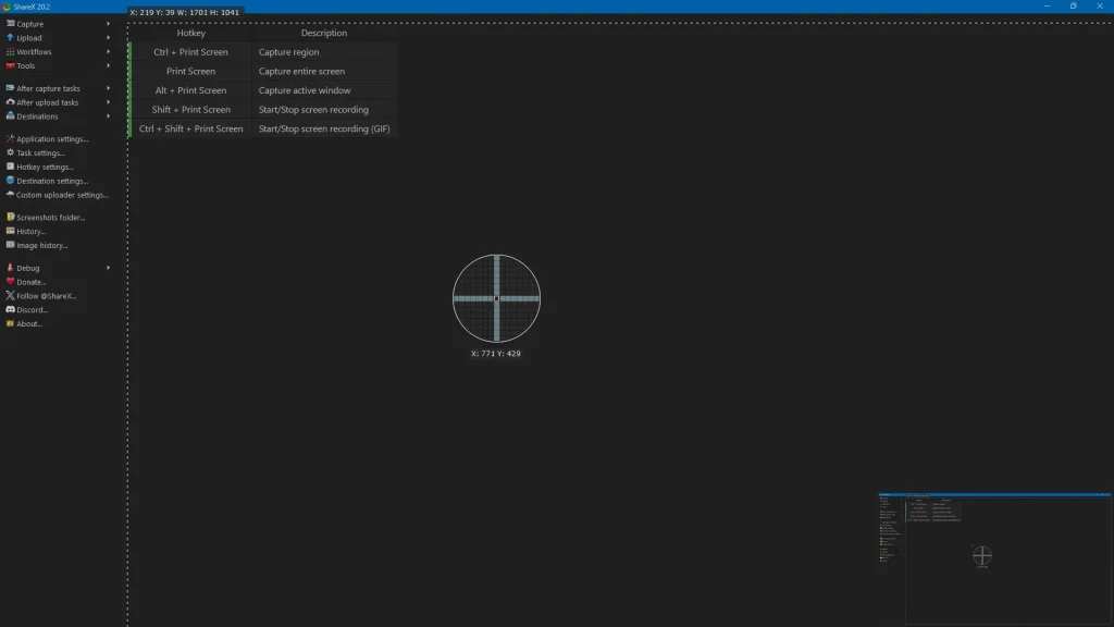 Select the recording area in ShareX screen recorder