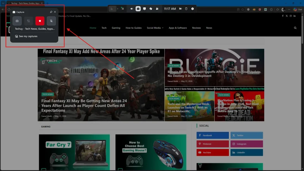 Click the Capture widget in Xbox Game Bar to start screen recording