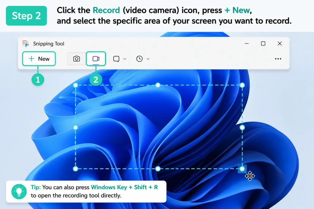 Select the recording area in Snipping Tool on Windows 11