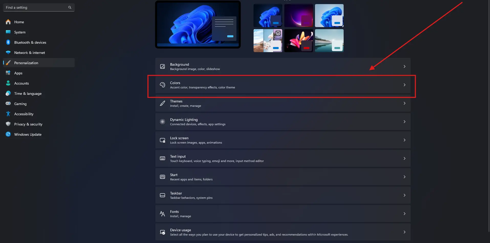 Windows 11 Personalization settings showing the Colors option for changing theme and dark appearance settings.