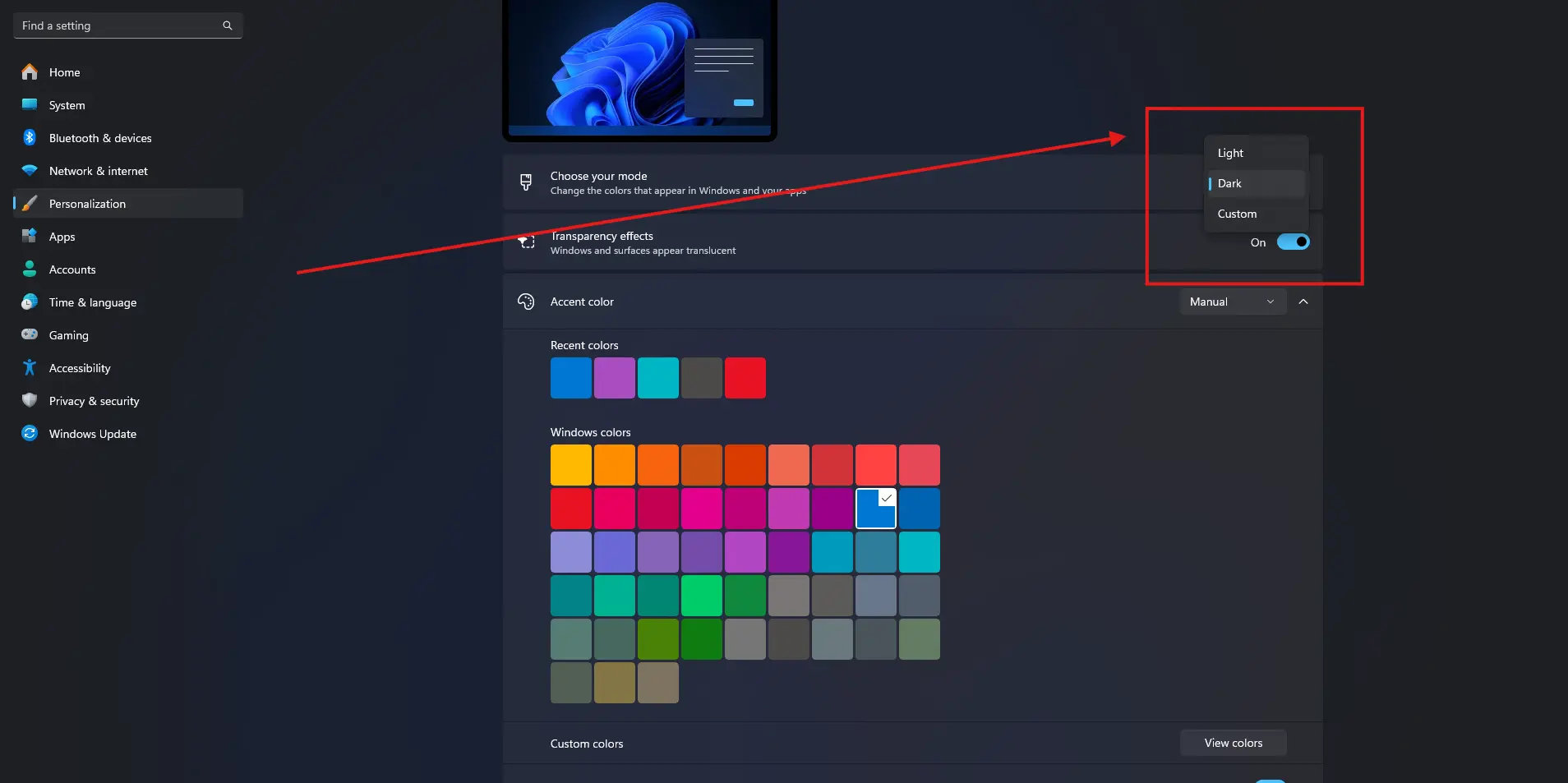 Windows 11 Colors settings with the Choose Your Mode dropdown set to Dark Mode.