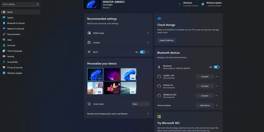 Windows 11 Settings screen displaying the desktop personalization section with Dark Mode enabled.