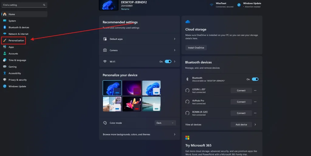 Windows 11 Settings homepage highlighting the Personalization option used to access Dark Mode settings.