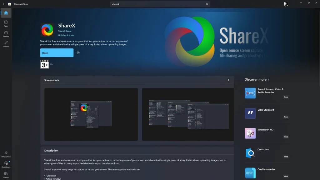 Download and install ShareX from the Microsoft Store on Windows 11