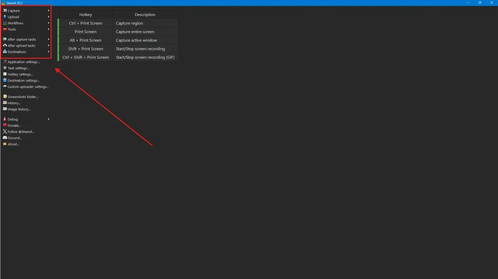 Open the Capture menu in ShareX to start screen recording on Windows 11