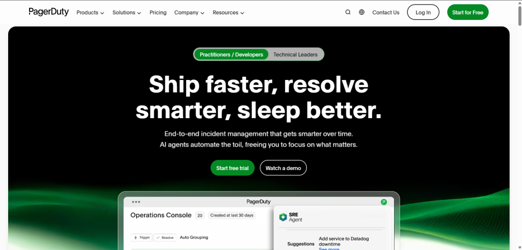PagerDuty Home Page screenshot