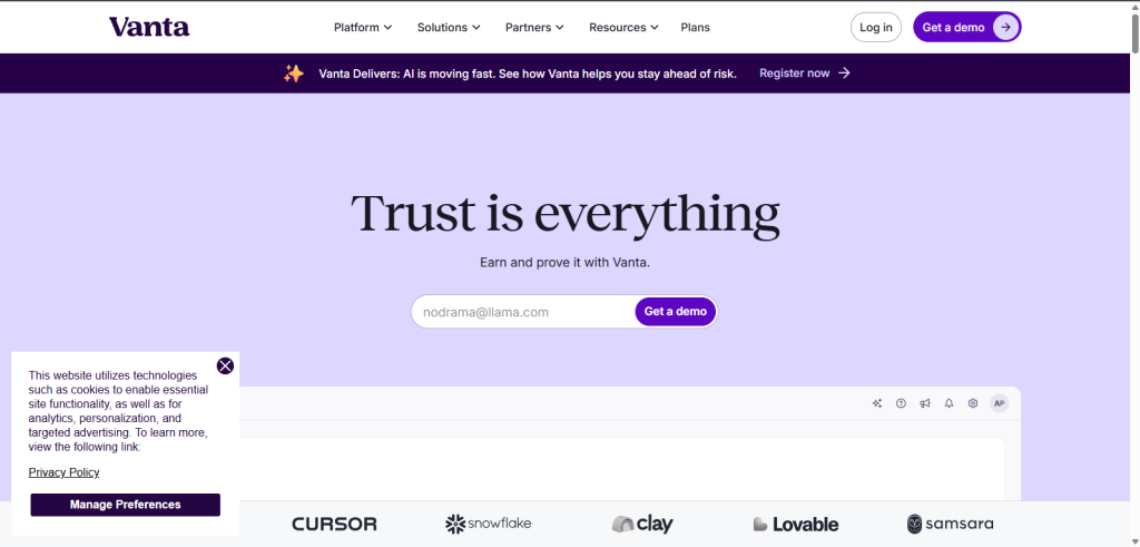 Vanta Home page screenshot