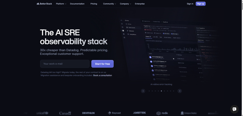 Better Stack home page screenshot