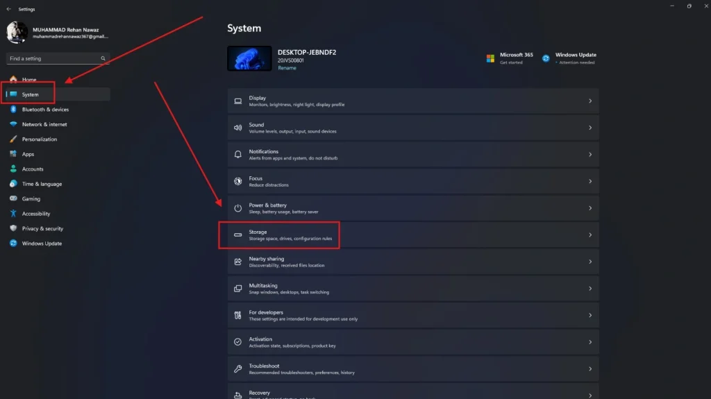 Navigate to System's Storage in settings