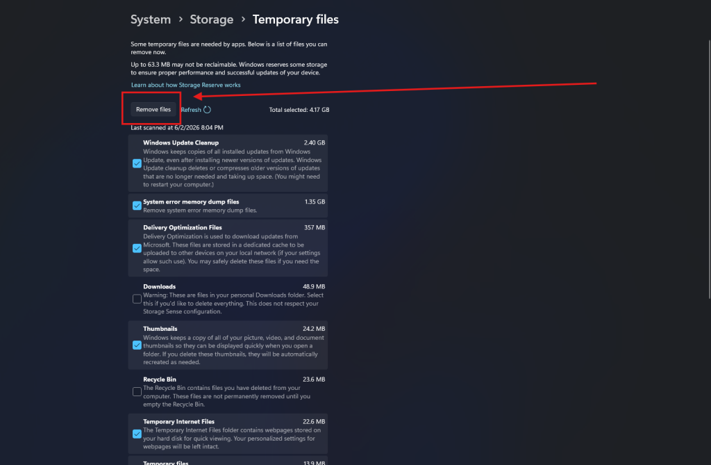Click Remove files and confirm the action when prompted.