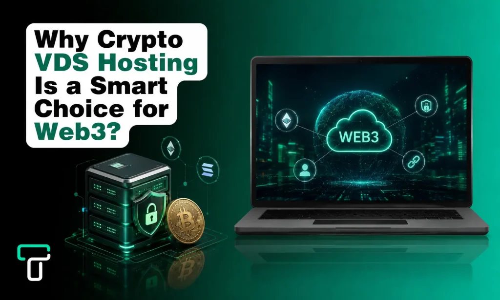 Why Crypto VDS Hosting Is a Smart Choice for Web3? Crypto VDS Hosting for Web3 featuring secure VDS servers, Bitcoin, blockchain infrastructure, and cloud hosting on a laptop.
