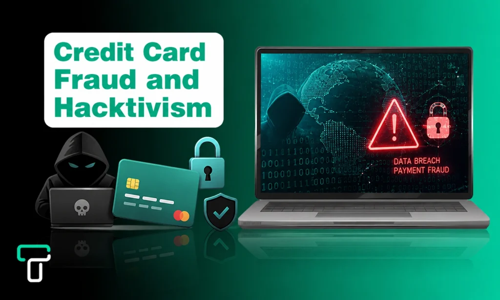 Credit Card Fraud and Hacktivism: Modern Cybersecurity Risks Credit card fraud and hacktivism cybersecurity risks shown with a hacker, payment card, security shield, and laptop displaying data breach alerts.